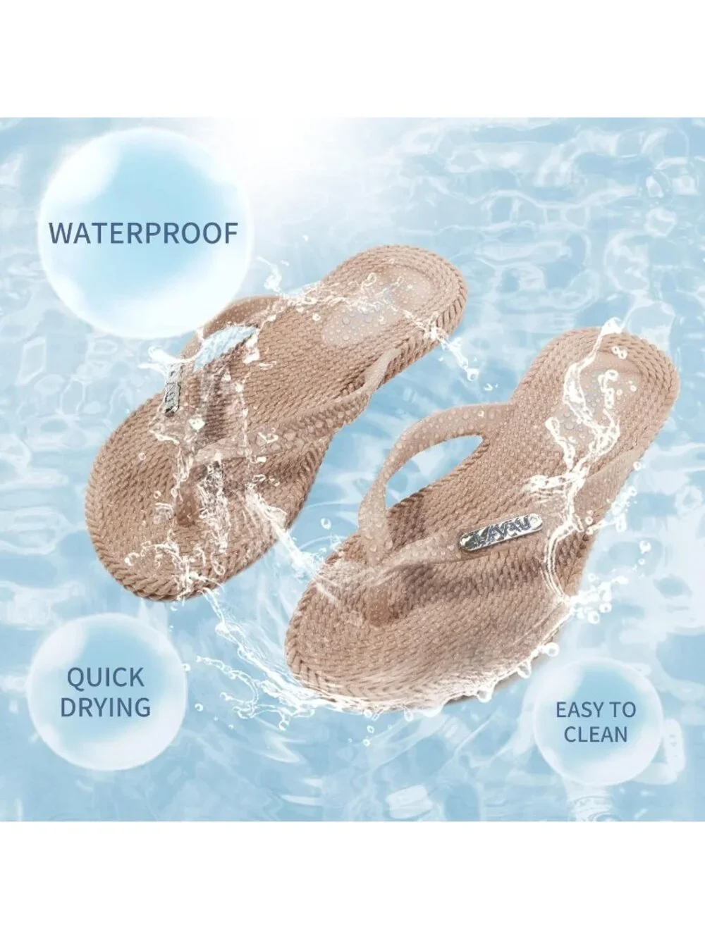 Women's Tan Waterproof Non Slip Flat Thong Sandals For Shower Beach and Pool